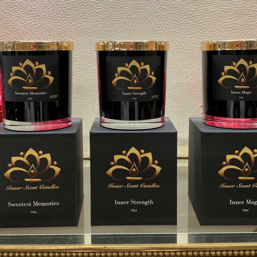 11 oz scented candles, black glass, gold top